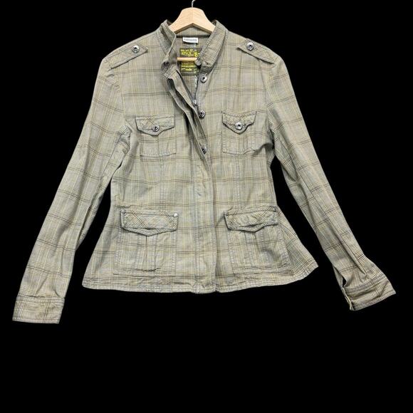Street One Womens Plaid Military Jacket Sz L Olive Green Yellow Utility Unlined - Picture 1 of 12